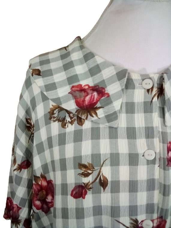 Vintage Gray Checkered Blouse Rose Pattern Peter … - image 8