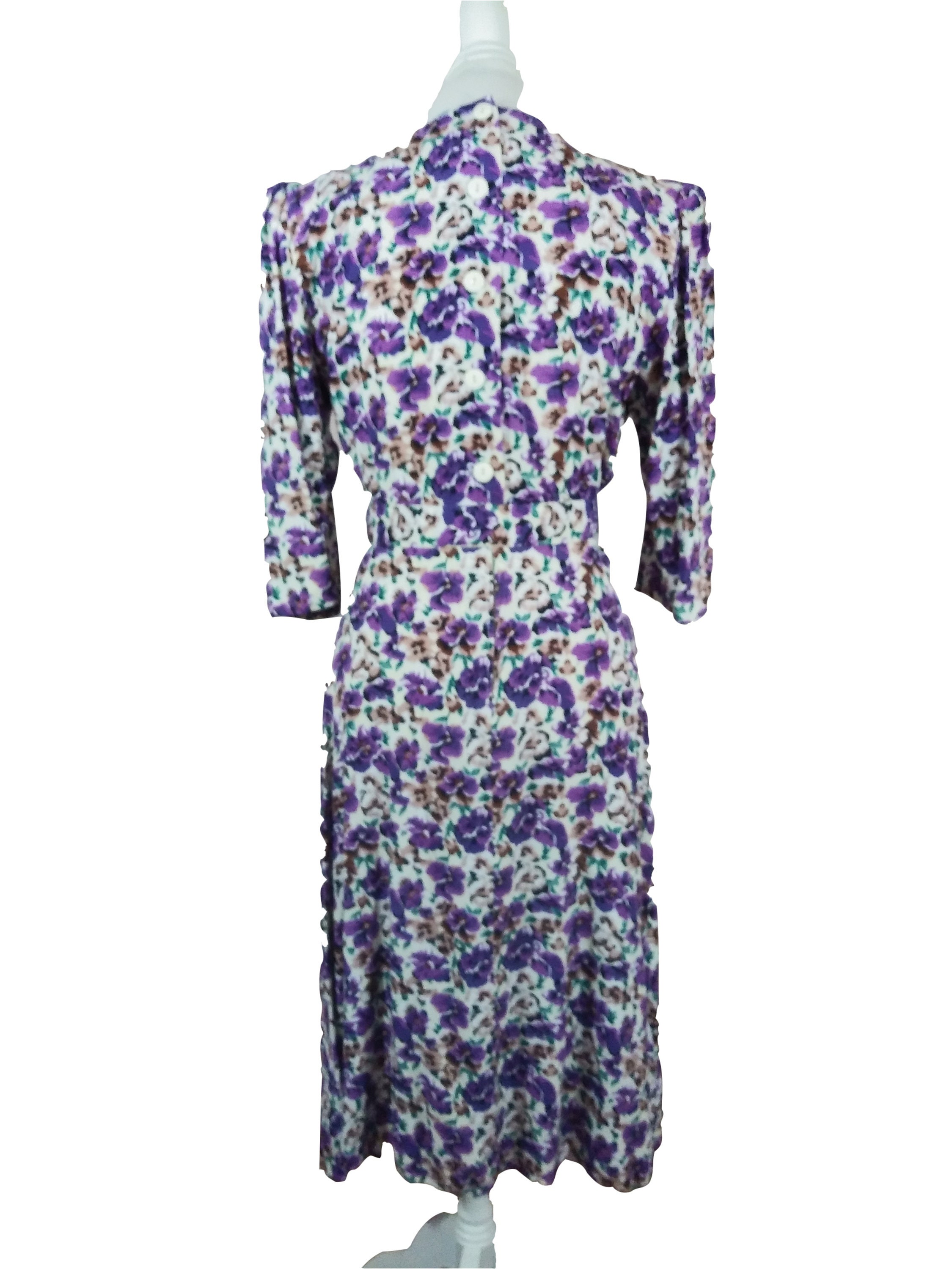 80s Purple Floral Dress Belted With Pockets 100 Rayon by E. D