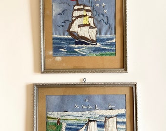 Pair of Vintage Embroidered Tall Ship Artwork