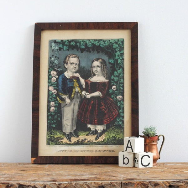 Antique Currier Little Brother & Sister Print Framed