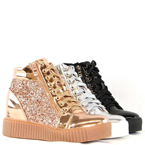 Damen Hidden Wedge Sneakers Glitter Obere Spitze UP Schuhe