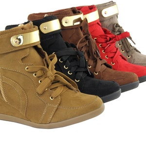 Women Fashion Hidden Wedge Sneakers With Golden Metallic Plate Lace Up Style Ankle Booties