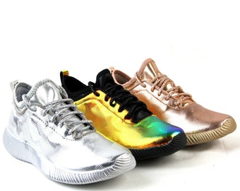 Women Metallic Holographic Glitter Light Weight Sneakers Lace Up Shoes Silver