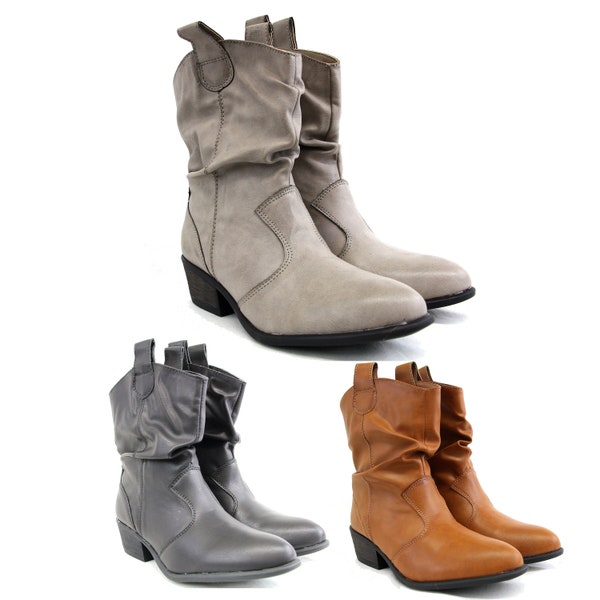 Women Cowboy Fashion Low Mid Calf Booties Western Boots Pull Up Design