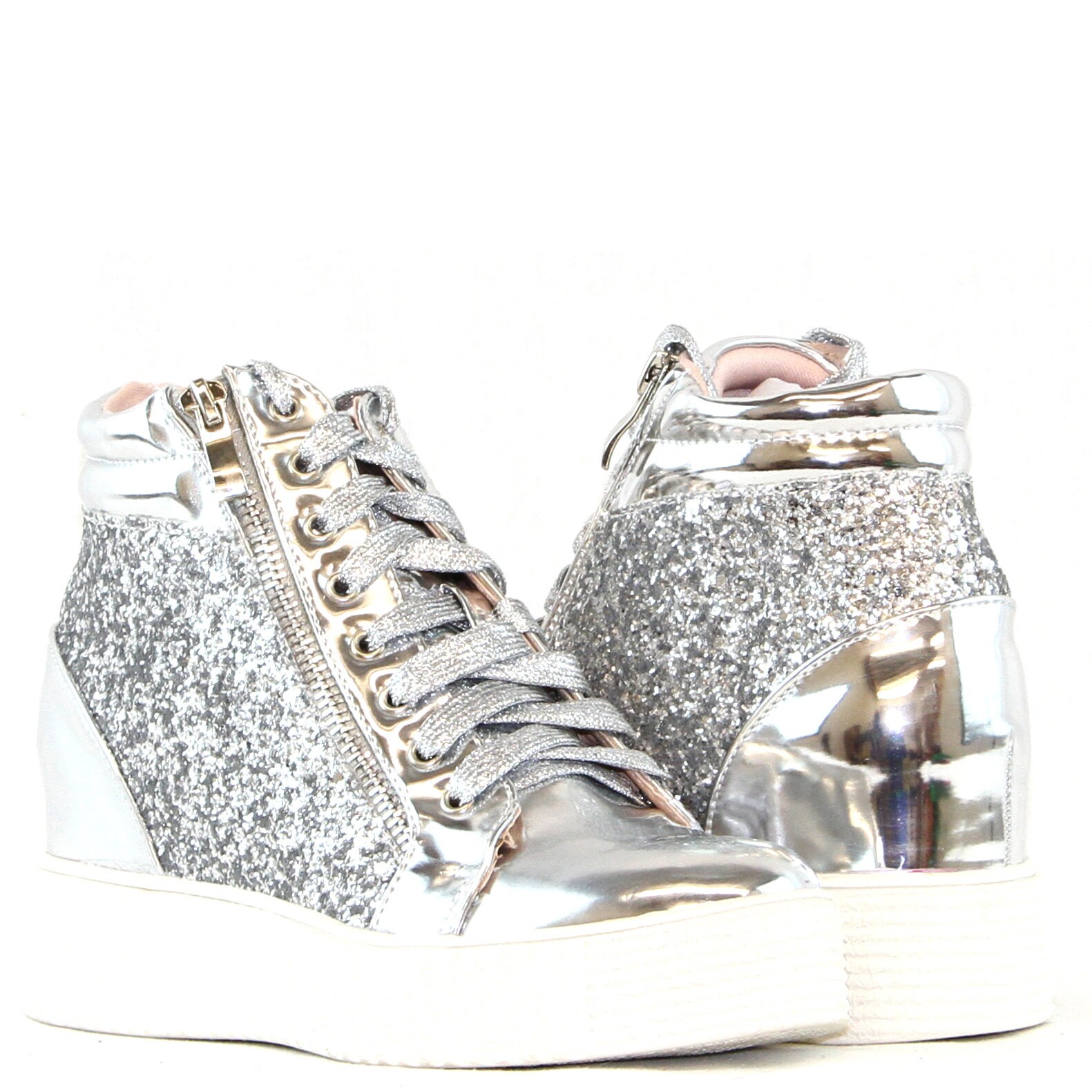 silver glitter wedge sneakers