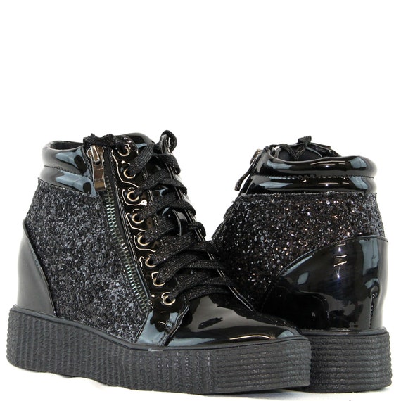 black sequin wedge sneakers