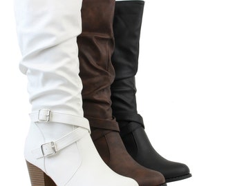 Fashion Thirsty Womens Stretch Panel Mid Calf Knee High Stiletto Mid Heel Boots Size
