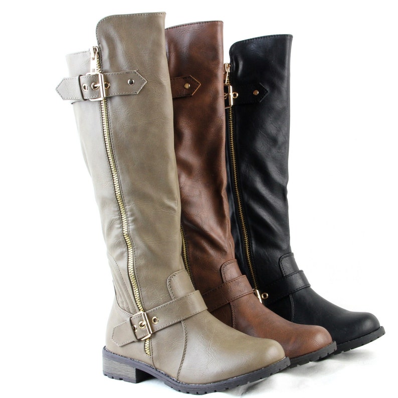 Women Knee High Combat Boots Golden Zipper And Buckle Decor