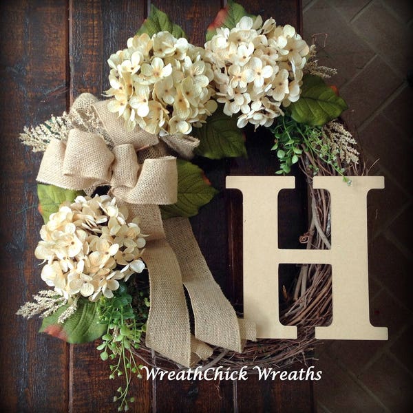 Wreath with initial, Winter door wreath, burlap wreath, wreath, Spring wreath, Farmhouse wreath, hydrangea wreath, All season wreath, wreath