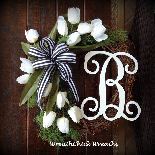 Front door wreath, Easter wreath, Spring wreath for door, Tulip wreath, Spring tulip wreath, Everyday wreath, wreath for door, monogram