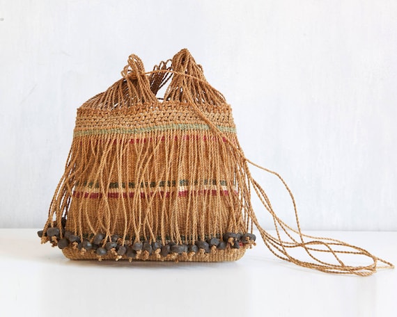 rare OOAK hand woven straw bag / Straw boho should