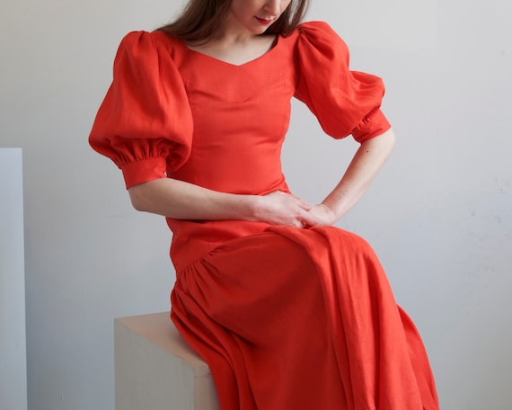 Red orange drop waist balloon sleeves dress