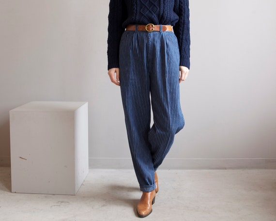 high waist pinstripe pleated jeans pants / S M