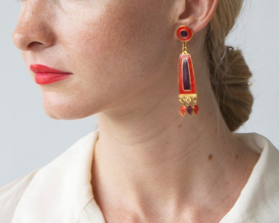 Vintage designer enamel dangle red earrings - image 1