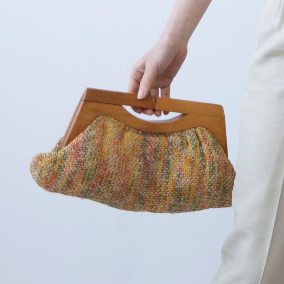 mid century wool tapestry wood purse - image 10