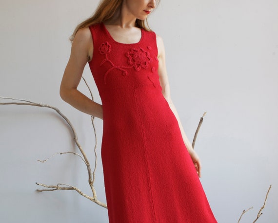 vintage cherry red knit crochet long dress / XS S - image 2