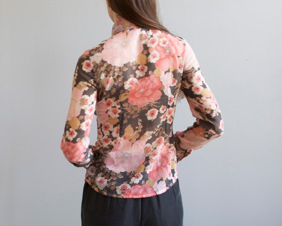70s floral pink straight fit sheer shirt / XXS