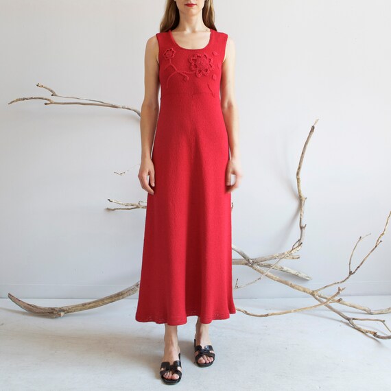 vintage cherry red knit crochet long dress / XS S - image 5