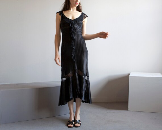 Pleated Charmeuse Maxi Dress With Metallic Lace