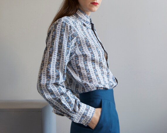 preppy 70s mod calico stripe oxford blouse / XS S