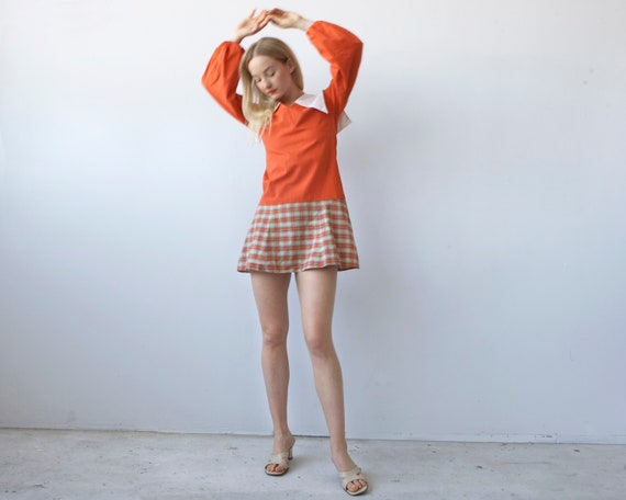vintage Mini mod orange dress with balloon sleeve… - image 3