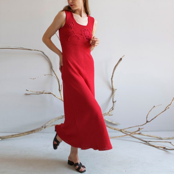 vintage cherry red knit crochet long dress / XS S - image 3