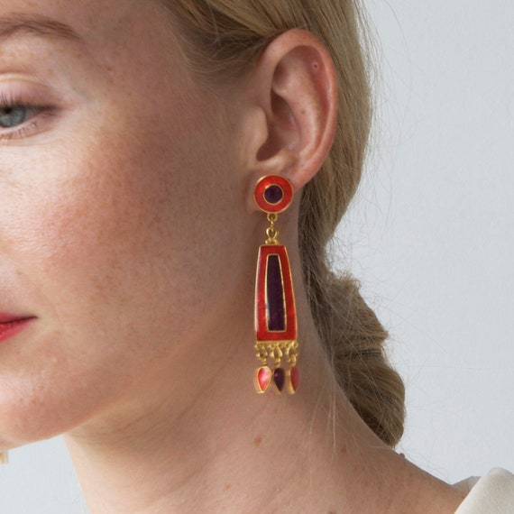 Vintage designer enamel dangle red earrings - image 7