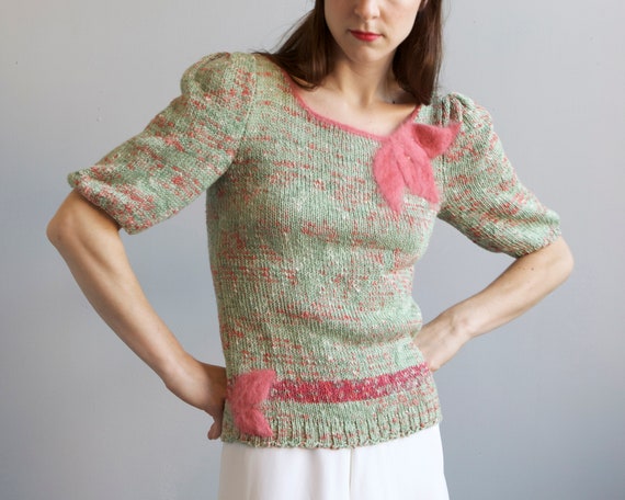 tricot hand knit aqua sweater 40s style / S