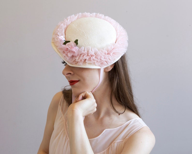 cream straw hat with pink frills polka dot hat cream fascinator straw pillbox hat wedding hat