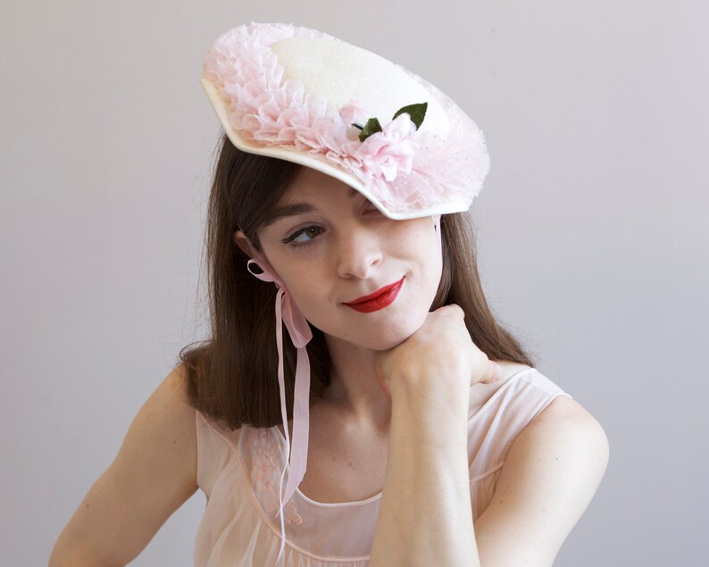 cream straw hat with pink frills polka dot hat cream fascinator straw pillbox hat wedding hat