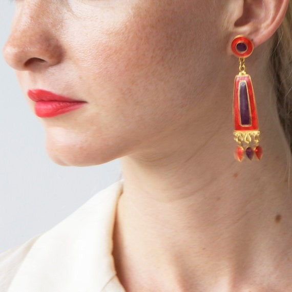 Vintage designer enamel dangle red earrings - image 3