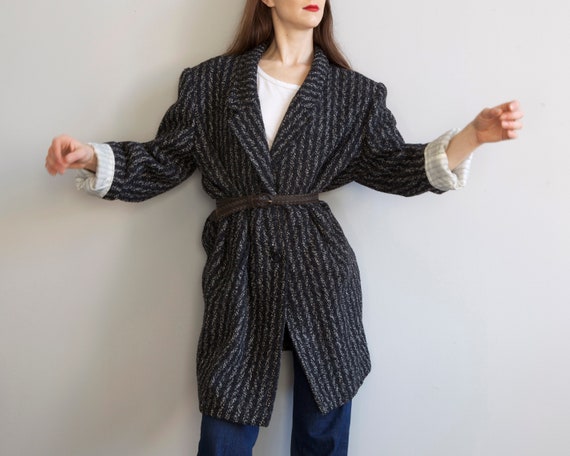 80s new wave black striped coat / M