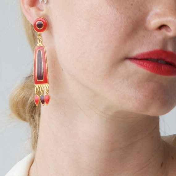 Vintage designer enamel dangle red earrings - image 4
