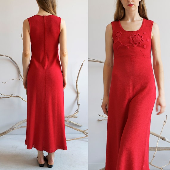vintage cherry red knit crochet long dress / XS S - image 9