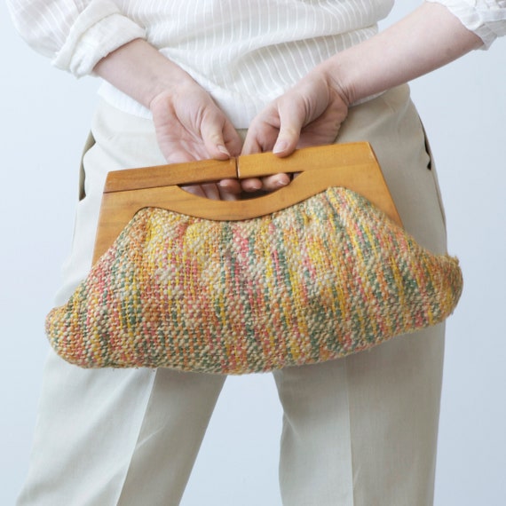 mid century wool tapestry wood purse - image 3