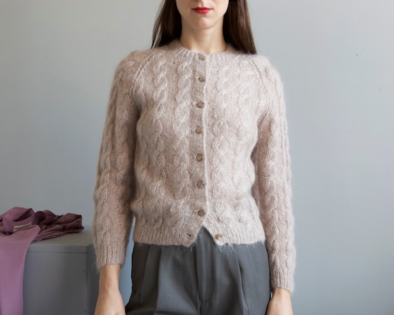 hand knit dusty taupe cable knit cardigan / grann