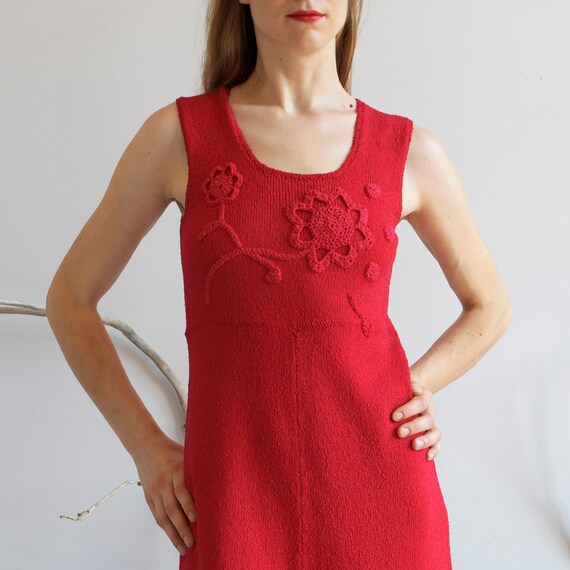 vintage cherry red knit crochet long dress / XS S - image 4