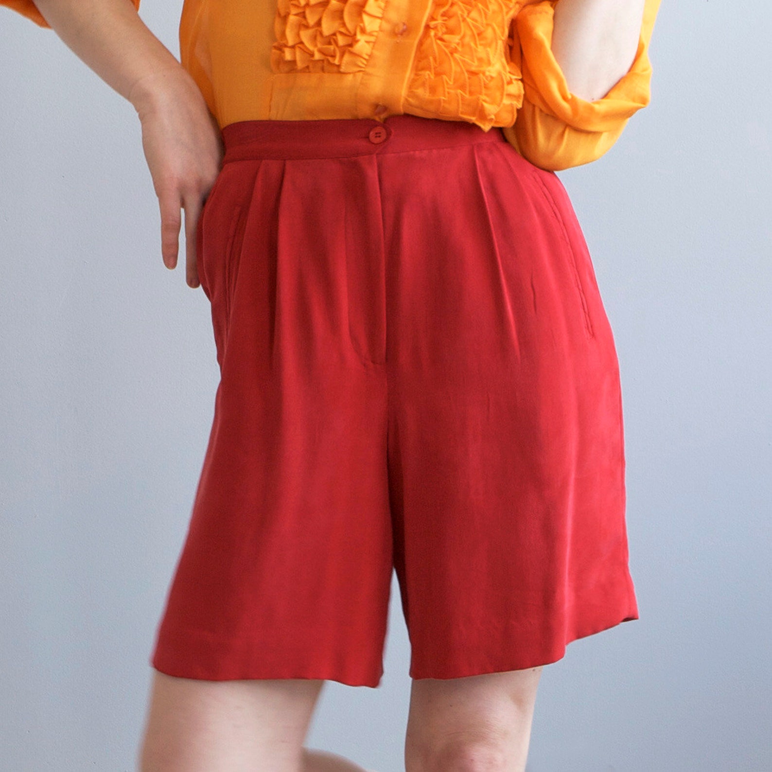High waist red silk pleated shorts XS | Etsy