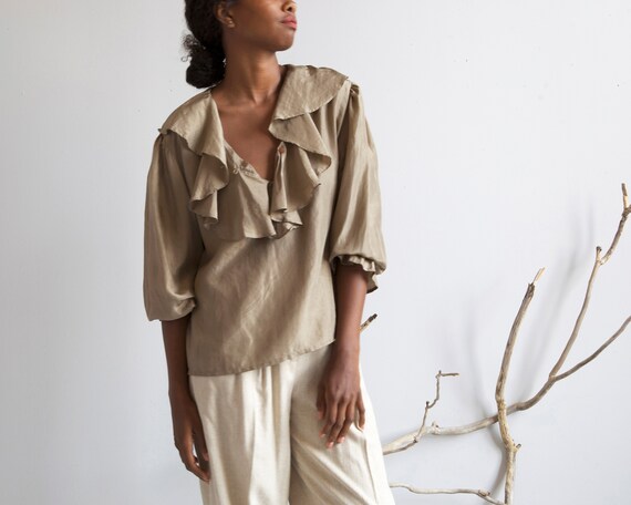 Silk Charmeuse Taupe Blouse With Ruffles / Size M - Etsy