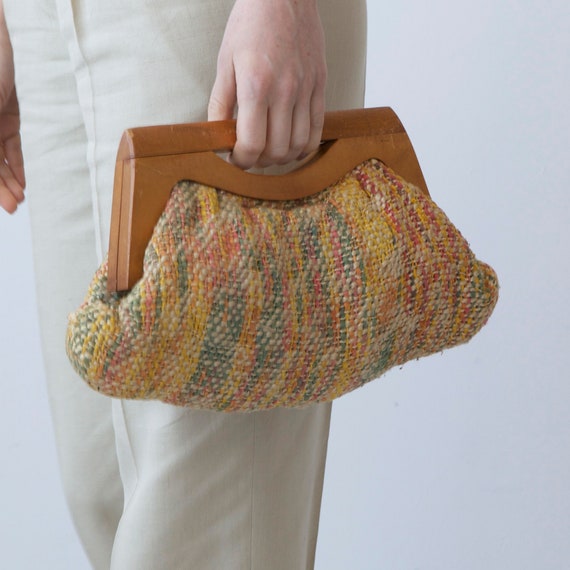 mid century wool tapestry wood purse - image 7