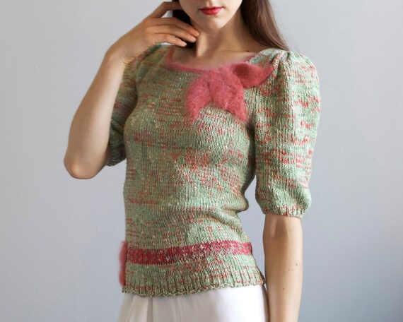 40s style tricot hand knit aqua sweater / S