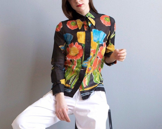black tropical floral sheer blouse / XS S