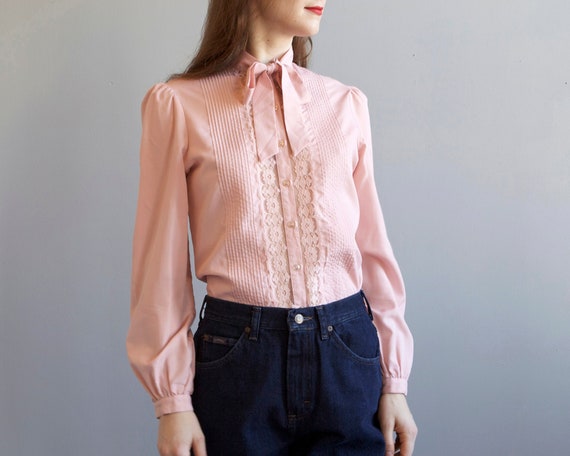 pink blouse with lace / bow tie secretary blouse /