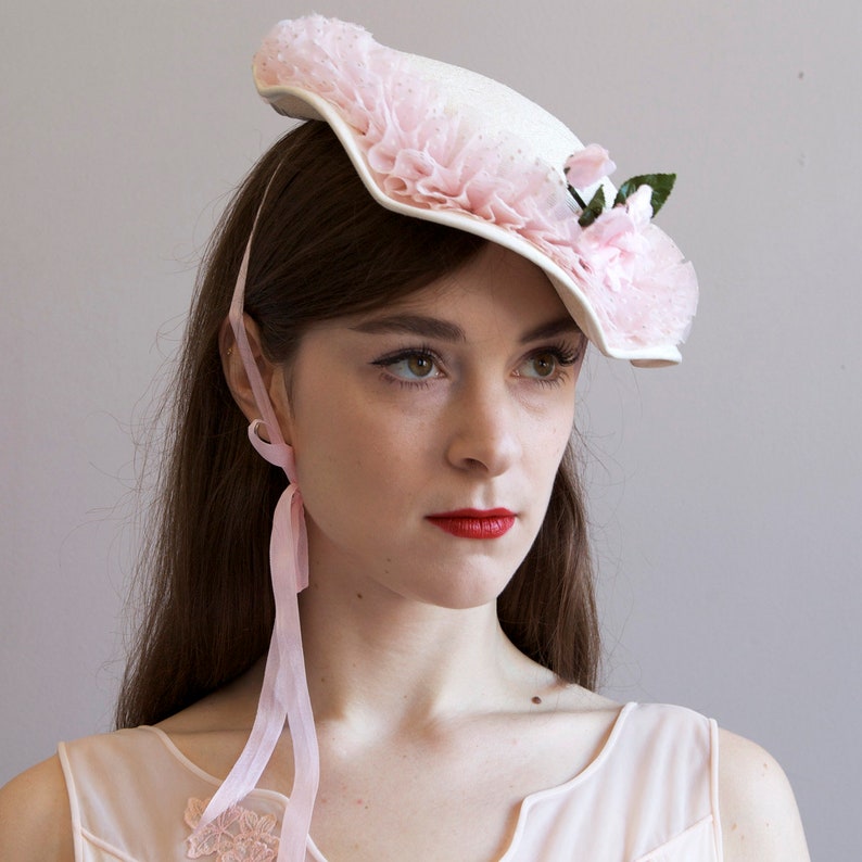 cream straw hat with pink frills polka dot hat cream fascinator straw pillbox hat wedding hat