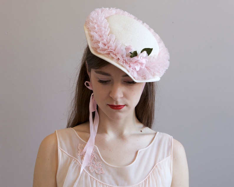 cream straw hat with pink frills polka dot hat cream fascinator straw pillbox hat wedding hat