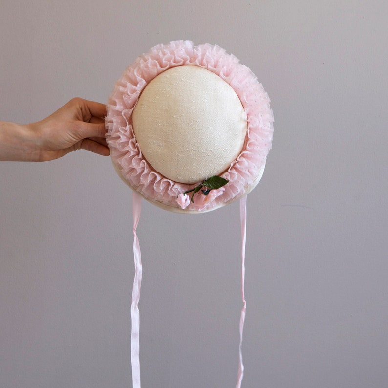 cream straw hat with pink frills polka dot hat cream fascinator straw pillbox hat wedding hat