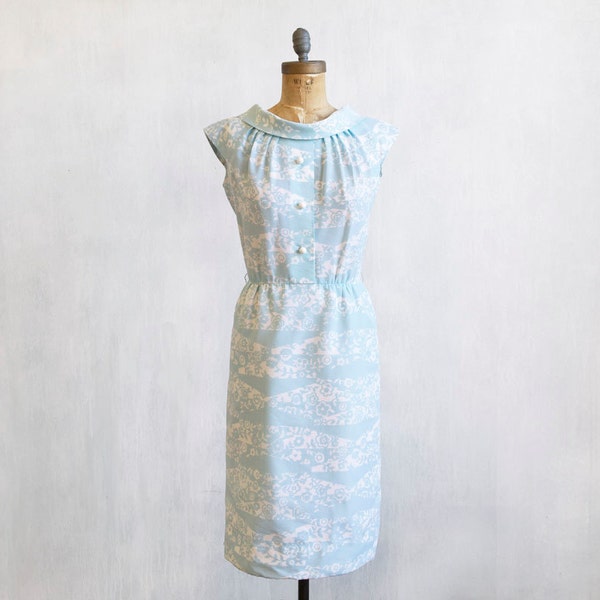 light blue dress / 50s 60s dress with cowl neck / floral dress with pleated bodice / white and blue dress / boat neck line / blue 60s dress