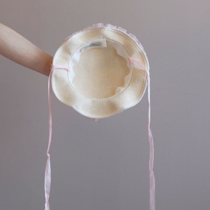 cream straw hat with pink frills polka dot hat cream fascinator straw pillbox hat wedding hat