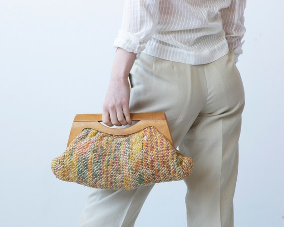 mid century wool tapestry wood purse - image 2