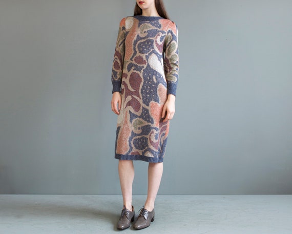 rare jacquard knit puff shoulders sweater dress /